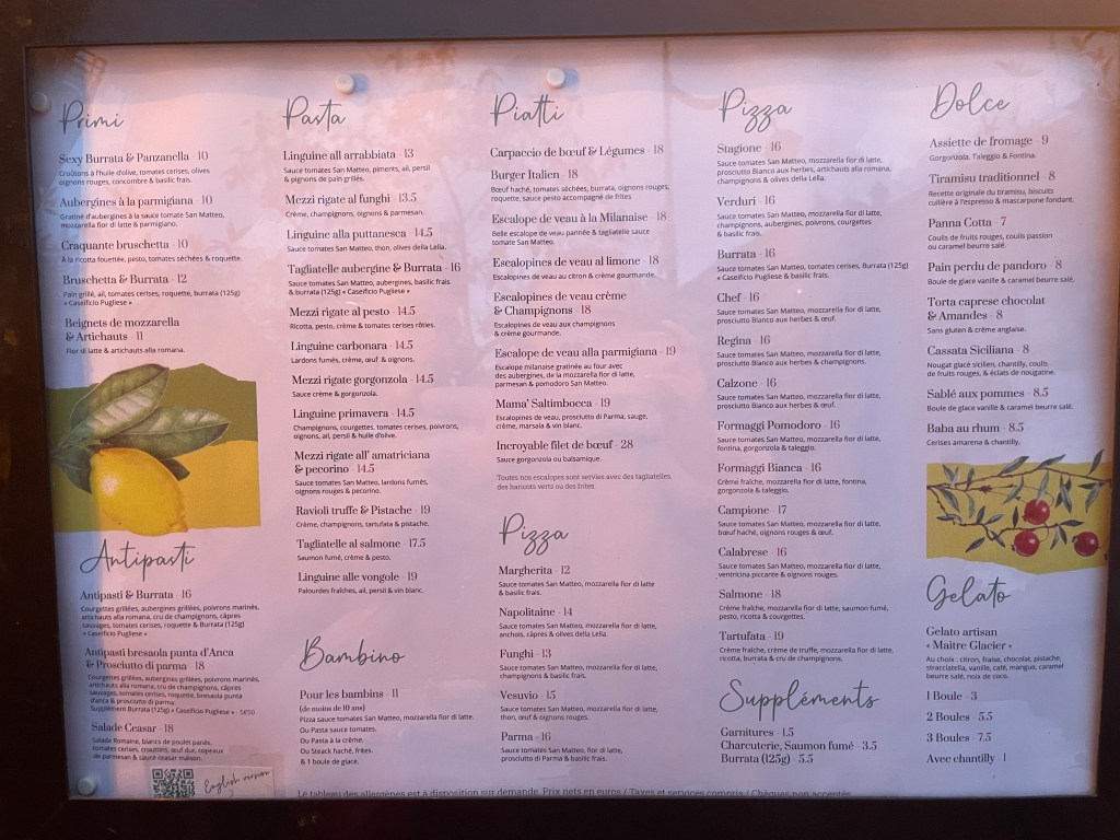 Menu pařížské restaurace In Casa